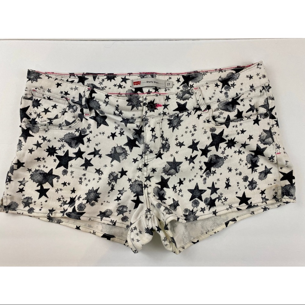 Levi’s Shorty Short. White with Black Splatters and Stars. Size 17. White Denim.